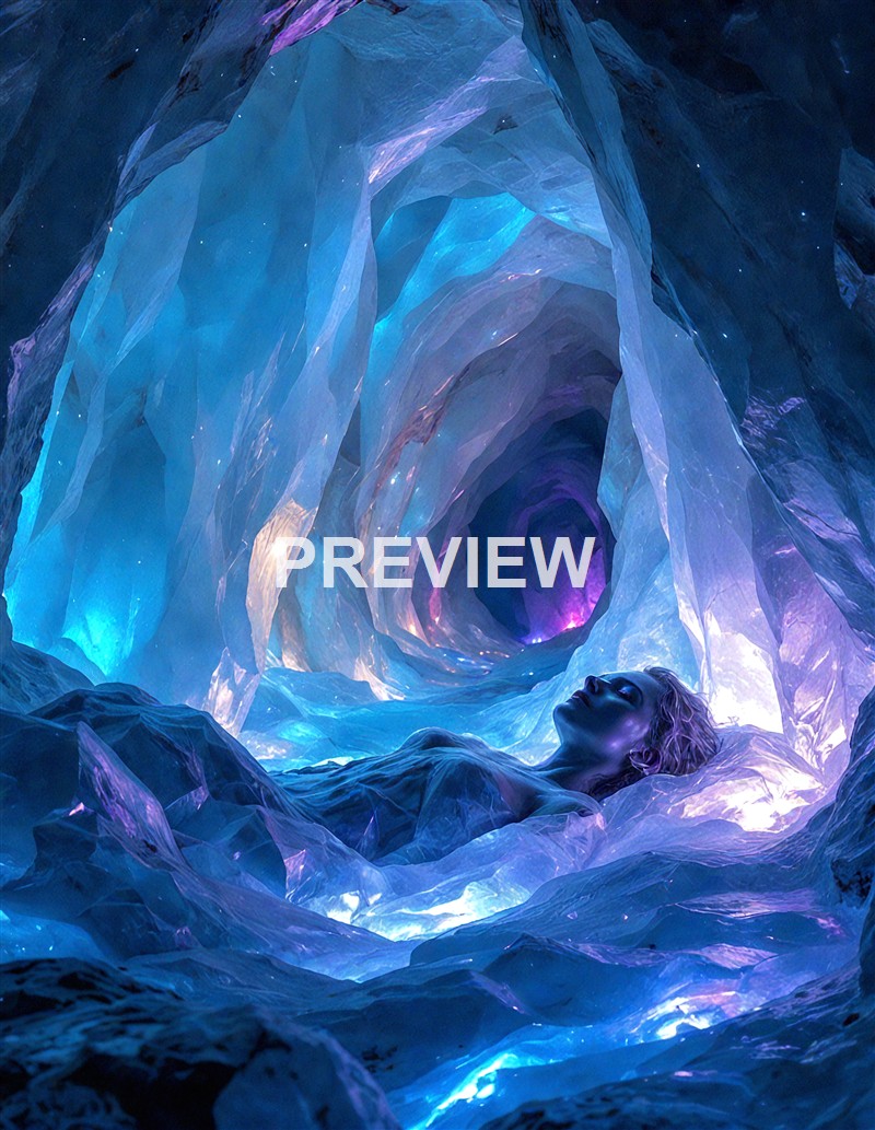 A person is lying inside a glowing, multi-colored ice cave with swirling blue, purple, and pink hues illuminating the icy walls.